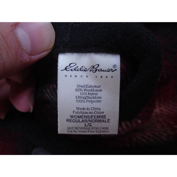 Womens Eddie Bauer Reversible Red Plaid wool Blend Button Pockets Large - Picture 6 of 6
